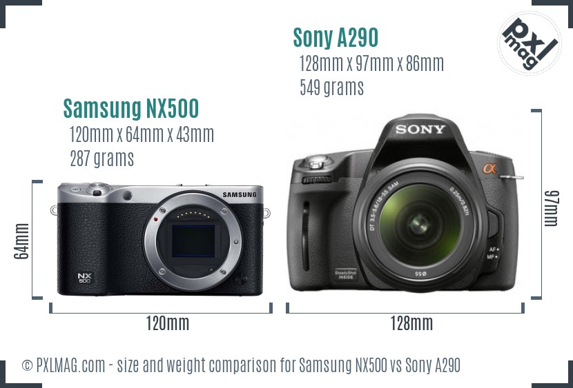 Samsung NX500 vs Sony A290 size comparison