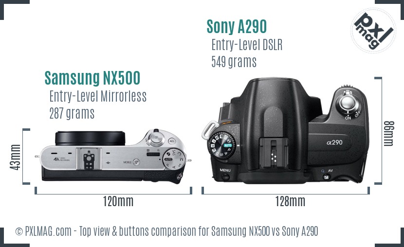 Samsung NX500 vs Sony A290 top view buttons comparison