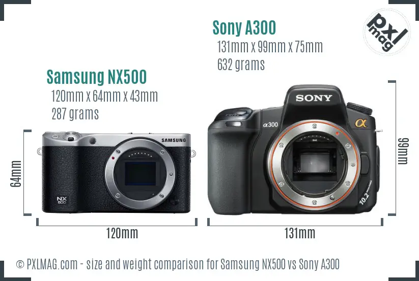 Samsung NX500 vs Sony A300 size comparison