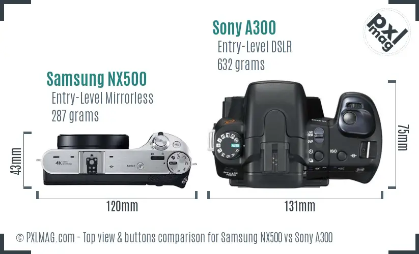 Samsung NX500 vs Sony A300 top view buttons comparison