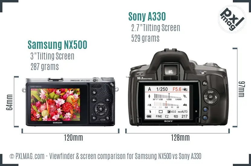 Samsung NX500 vs Sony A330 Screen and Viewfinder comparison