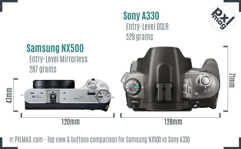 Samsung NX500 vs Sony A330 top view buttons comparison