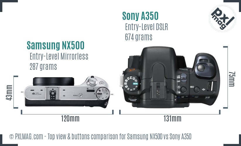 Samsung NX500 vs Sony A350 top view buttons comparison