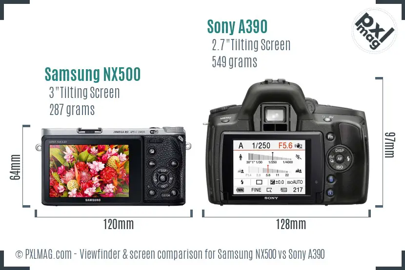 Samsung NX500 vs Sony A390 Screen and Viewfinder comparison