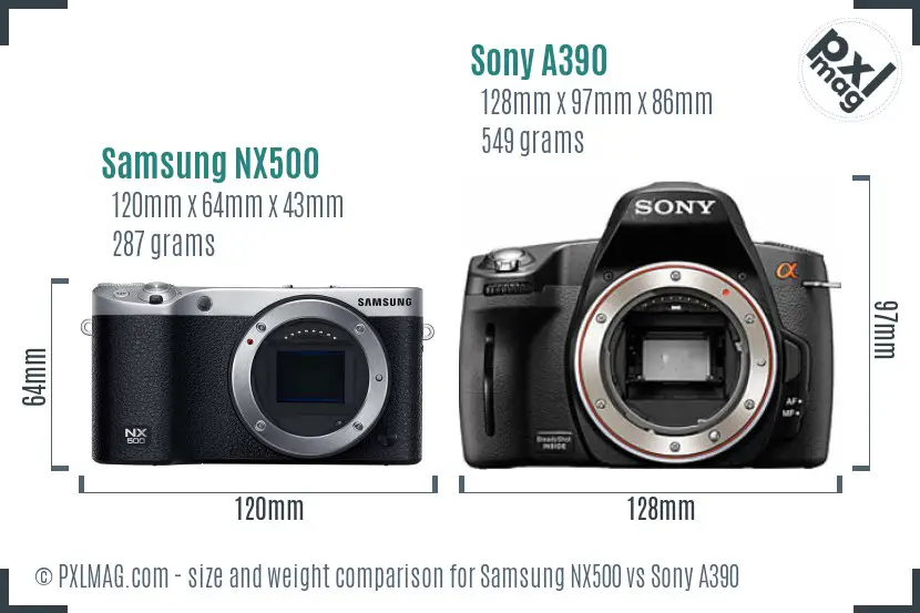Samsung NX500 vs Sony A390 size comparison