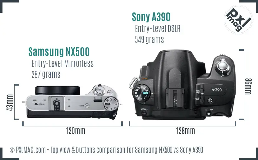 Samsung NX500 vs Sony A390 top view buttons comparison