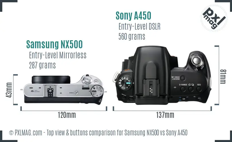 Samsung NX500 vs Sony A450 top view buttons comparison