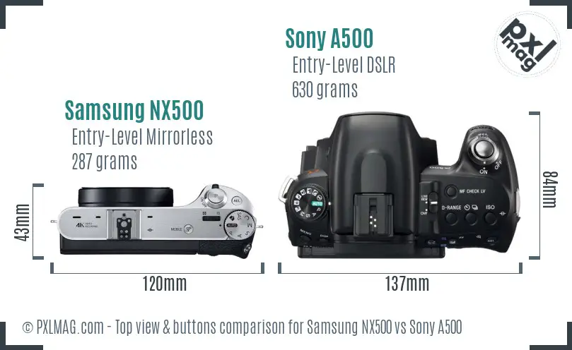 Samsung NX500 vs Sony A500 top view buttons comparison