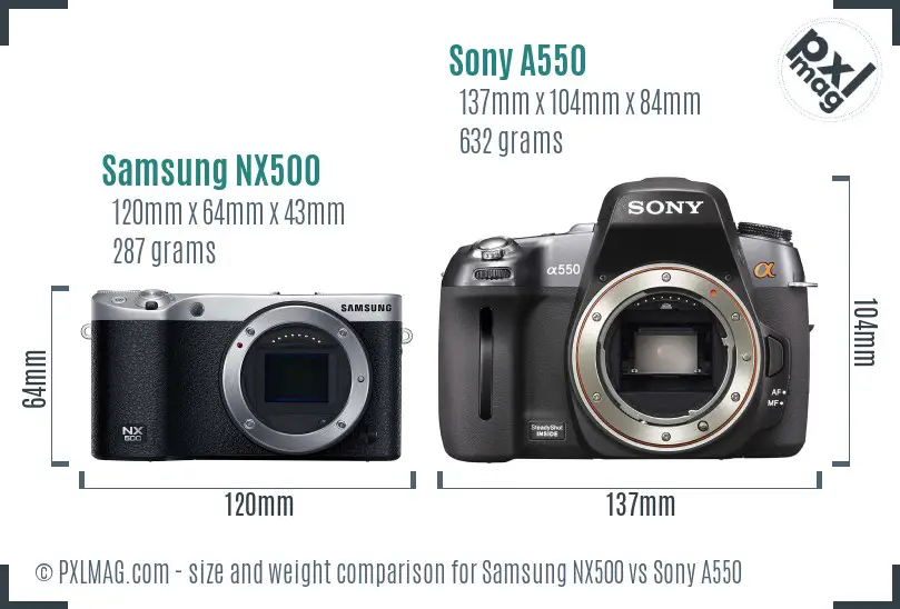 Samsung NX500 vs Sony A550 size comparison