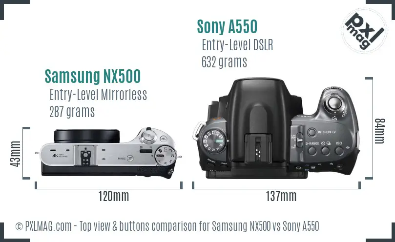 Samsung NX500 vs Sony A550 top view buttons comparison