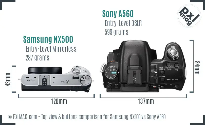 Samsung NX500 vs Sony A560 top view buttons comparison