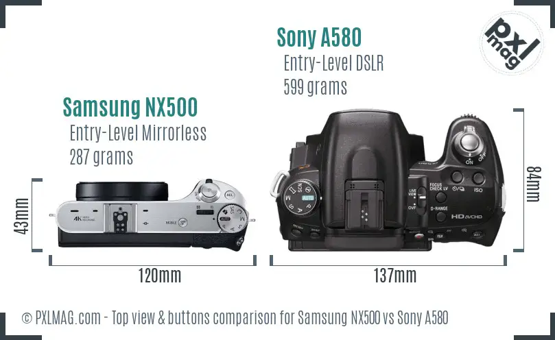 Samsung NX500 vs Sony A580 top view buttons comparison