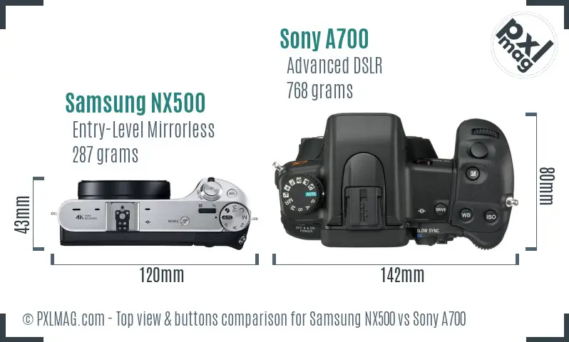 Samsung NX500 vs Sony A700 top view buttons comparison