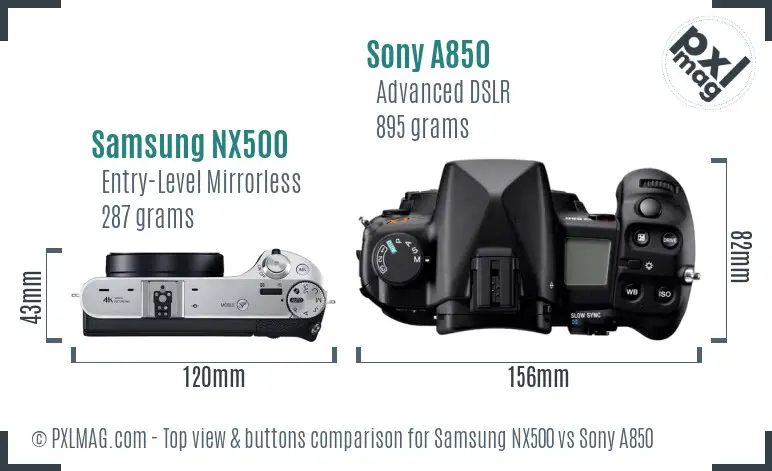Samsung NX500 vs Sony A850 top view buttons comparison