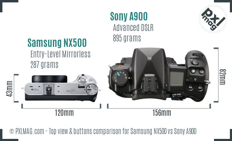 Samsung NX500 vs Sony A900 top view buttons comparison