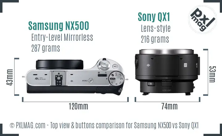Samsung NX500 vs Sony QX1 top view buttons comparison