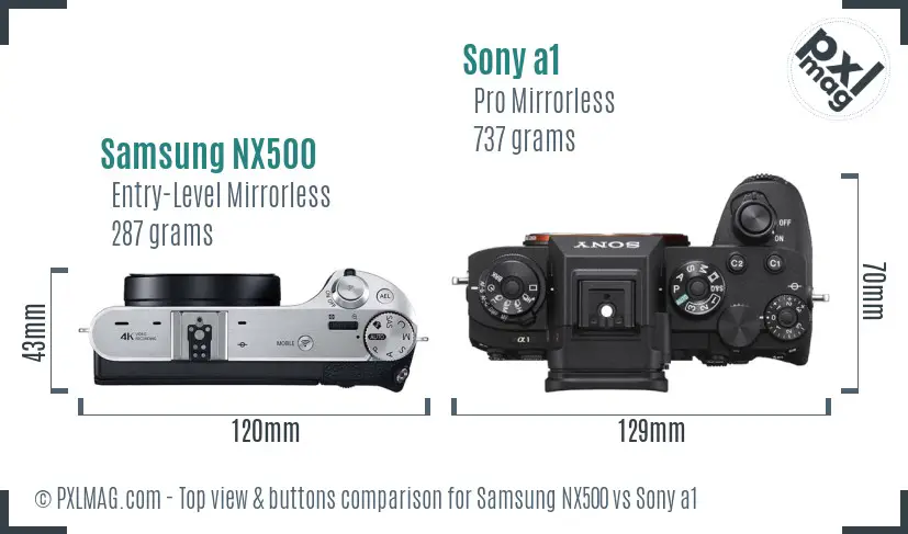 Samsung NX500 vs Sony a1 top view buttons comparison