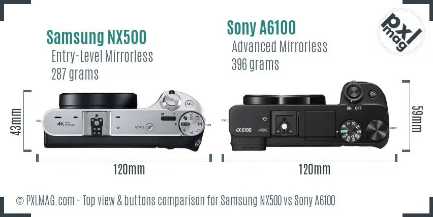 Samsung NX500 vs Sony A6100 top view buttons comparison