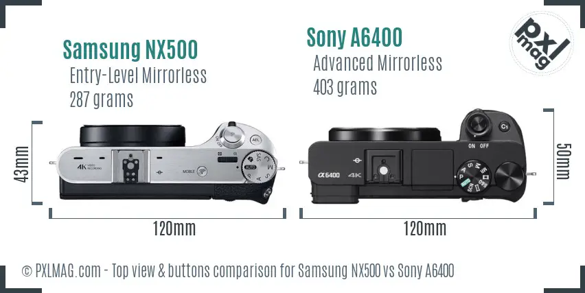 Samsung NX500 vs Sony A6400 top view buttons comparison