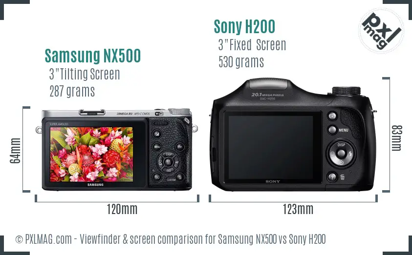 Samsung NX500 vs Sony H200 Screen and Viewfinder comparison