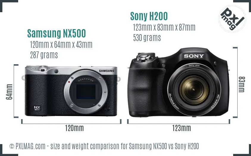 Samsung NX500 vs Sony H200 size comparison