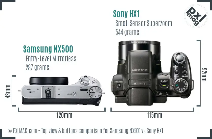 Samsung NX500 vs Sony HX1 top view buttons comparison