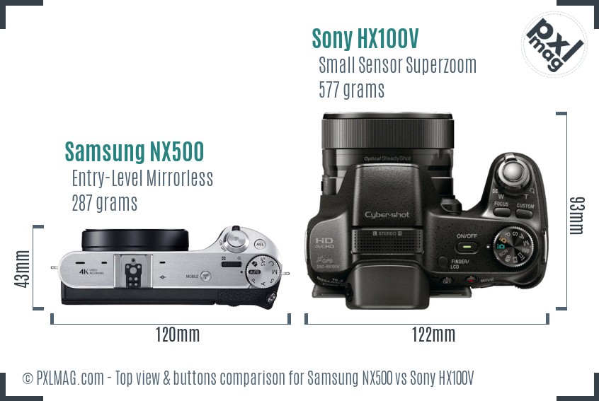 Samsung NX500 vs Sony HX100V top view buttons comparison