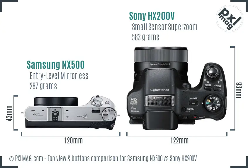 Samsung NX500 vs Sony HX200V top view buttons comparison