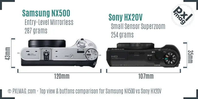 Samsung NX500 vs Sony HX20V top view buttons comparison