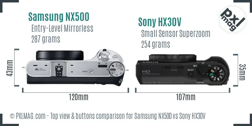 Samsung NX500 vs Sony HX30V top view buttons comparison