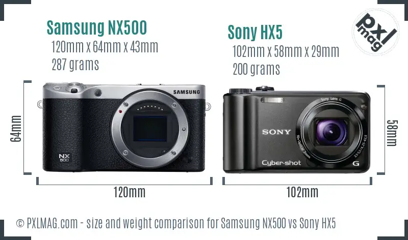 Samsung NX500 vs Sony HX5 size comparison