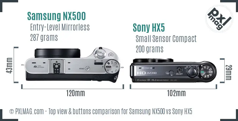 Samsung NX500 vs Sony HX5 top view buttons comparison