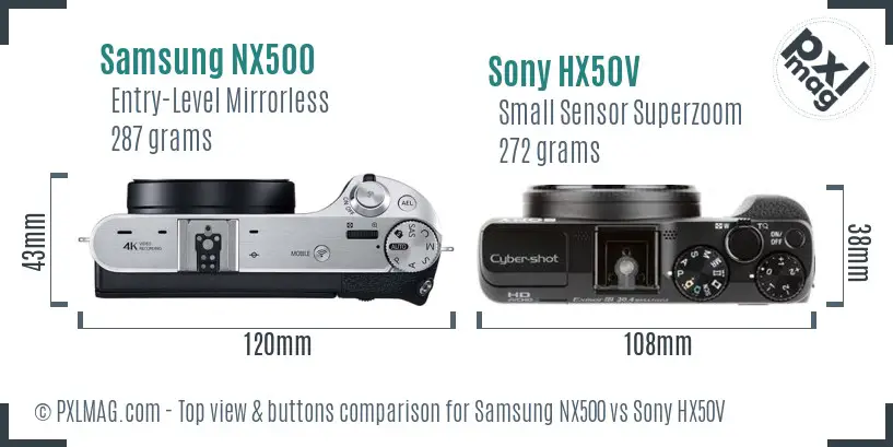 Samsung NX500 vs Sony HX50V top view buttons comparison