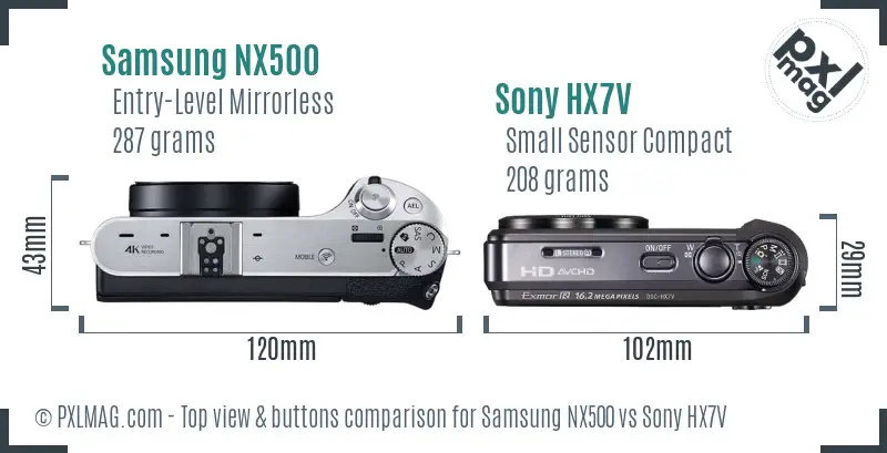 Samsung NX500 vs Sony HX7V top view buttons comparison Samsung NX500 vs Sony HX7V top view buttons comparison