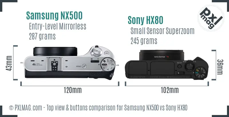 Samsung NX500 vs Sony HX80 top view buttons comparison