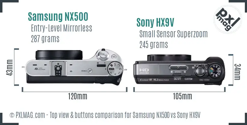 Samsung NX500 vs Sony HX9V top view buttons comparison