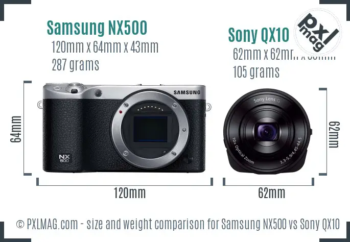 Samsung NX500 vs Sony QX10 size comparison