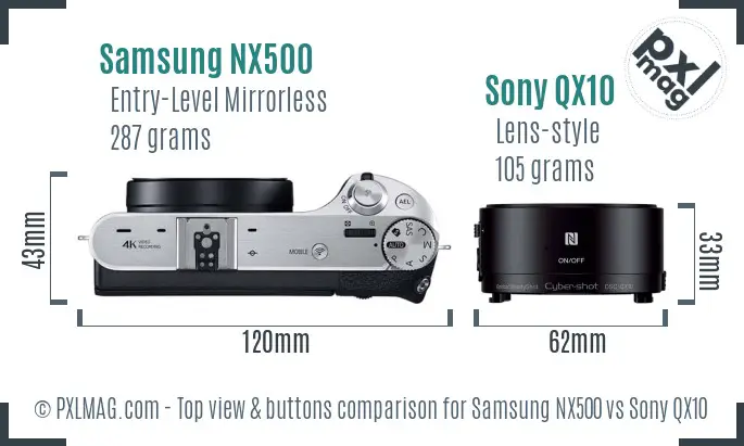 Samsung NX500 vs Sony QX10 top view buttons comparison