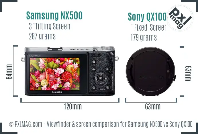 Samsung NX500 vs Sony QX100 Screen and Viewfinder comparison