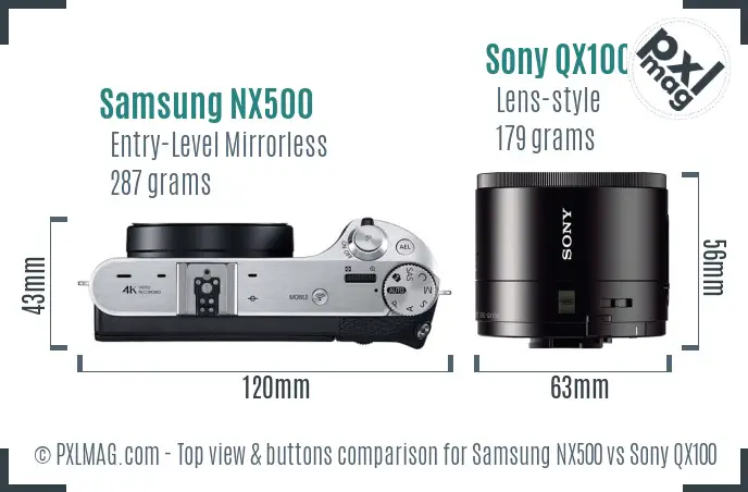 Samsung NX500 vs Sony QX100 top view buttons comparison