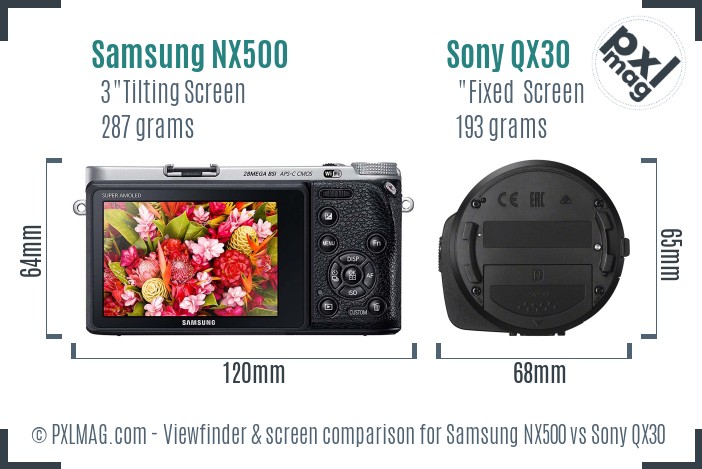 Samsung NX500 vs Sony QX30 Screen and Viewfinder comparison