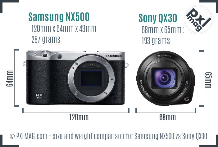 Samsung NX500 vs Sony QX30 size comparison