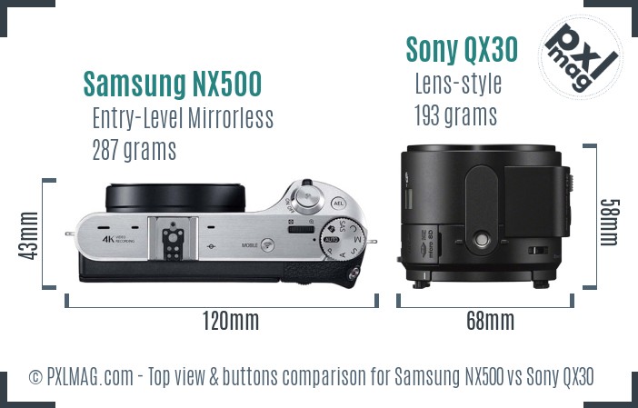 Samsung NX500 vs Sony QX30 top view buttons comparison