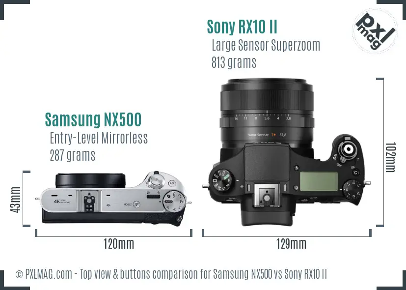 Samsung NX500 vs Sony RX10 II top view buttons comparison