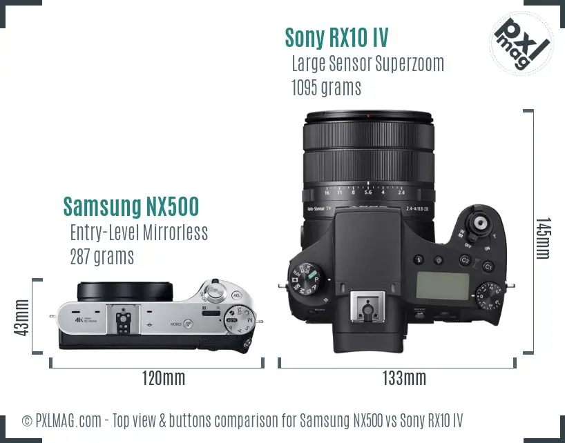 Samsung NX500 vs Sony RX10 IV top view buttons comparison