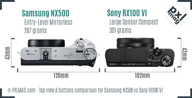 Samsung NX500 vs Sony RX100 VI top view buttons comparison