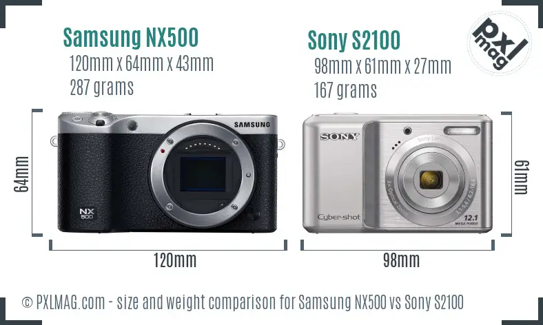 Samsung NX500 vs Sony S2100 size comparison