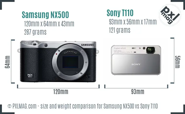 Samsung NX500 vs Sony T110 size comparison