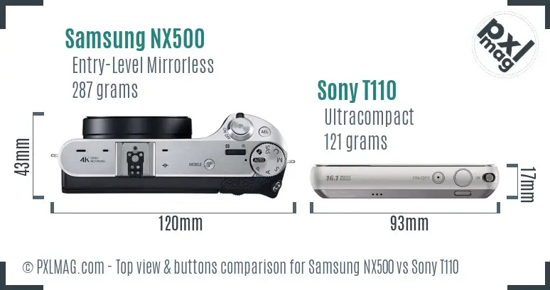 Samsung NX500 vs Sony T110 top view buttons comparison