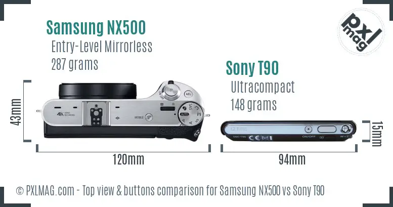 Samsung NX500 vs Sony T90 top view buttons comparison